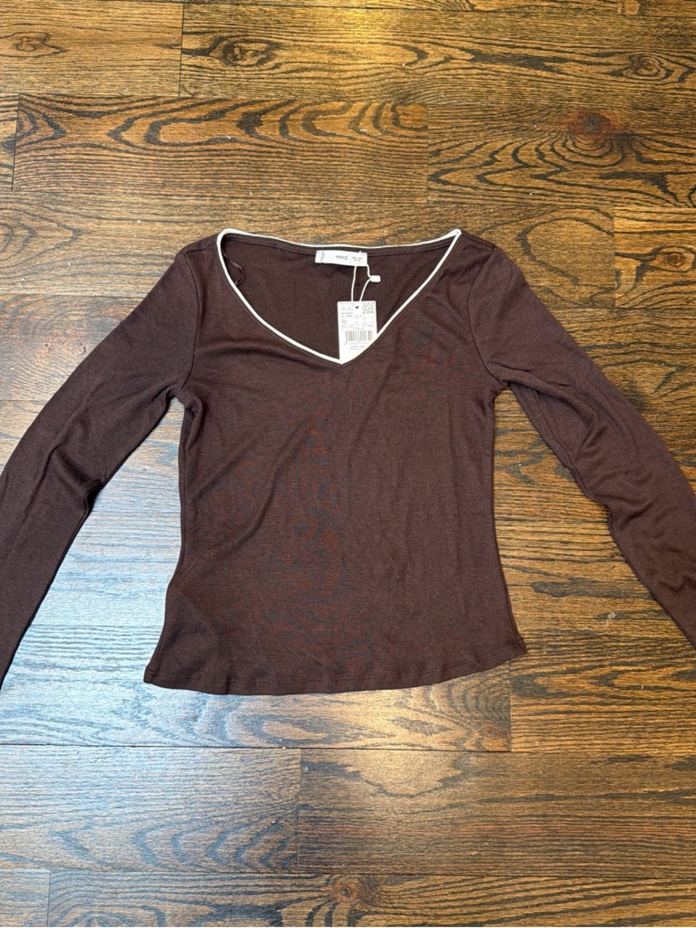 Zara Brown Long-Sleeve V-Neck Top with Contrast Trim